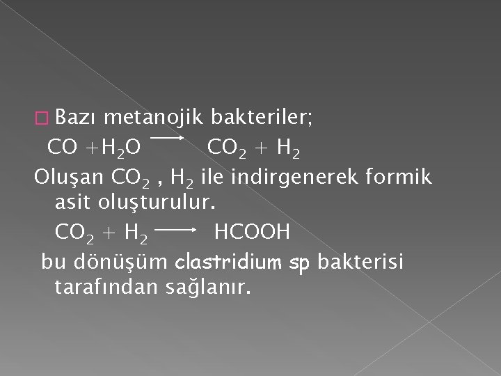 � Bazı metanojik bakteriler; CO +H 2 O CO 2 + H 2 Oluşan