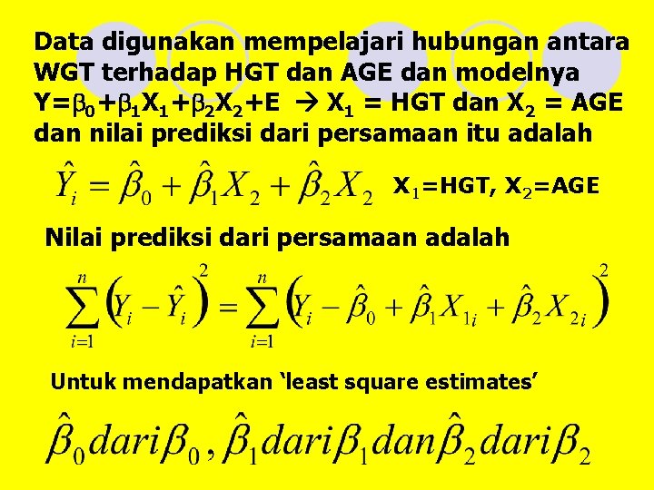 Data digunakan mempelajari hubungan antara WGT terhadap HGT dan AGE dan modelnya Y=b 0+b