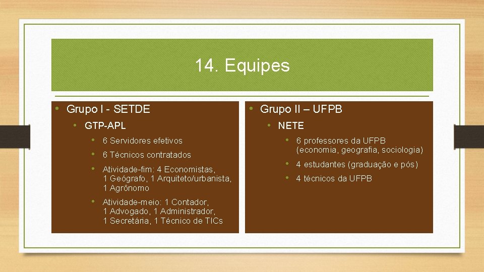 14. Equipes • Grupo I - SETDE • GTP-APL • 6 Servidores efetivos •