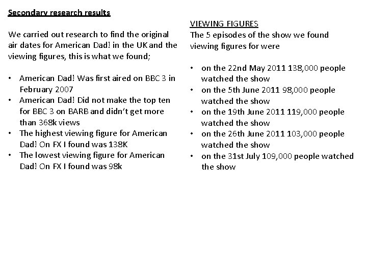 Secondary research results We carried out research to find the original air dates for Secondary research results We carried out research to find the original air dates for