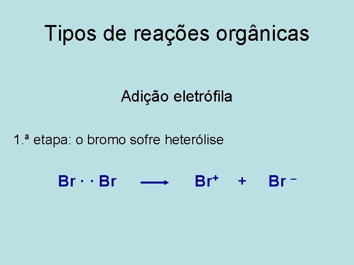 Tipos de reações orgânicas Adição eletrófila 1. ª etapa: o bromo sofre heterólise Br