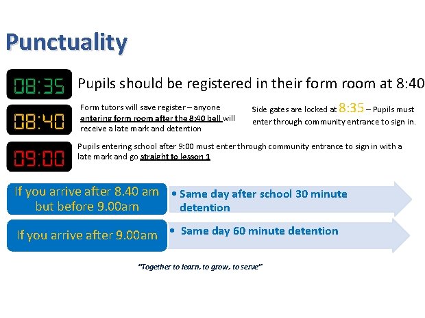 Punctuality Pupils should be registered in their form room at 8: 40 Form tutors Punctuality Pupils should be registered in their form room at 8: 40 Form tutors