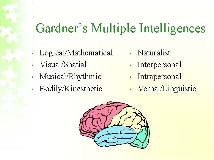 Gardner’s Multiple Intelligences • • Logical/Mathematical Visual/Spatial Musical/Rhythmic Bodily/Kinesthetic • • Naturalist Interpersonal Intrapersonal