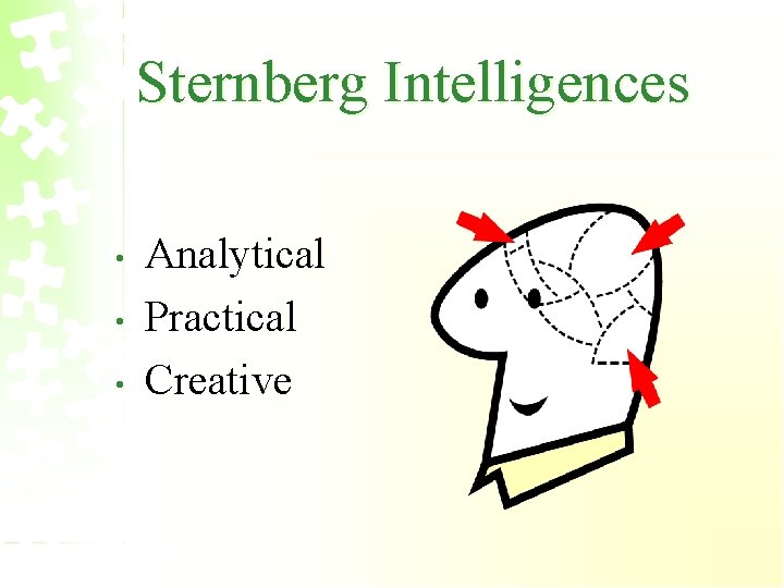 Sternberg Intelligences • • • Analytical Practical Creative 