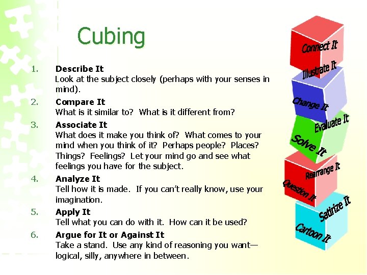 Cubing 1. 2. 3. 4. 5. 6. Describe It Look at the subject closely