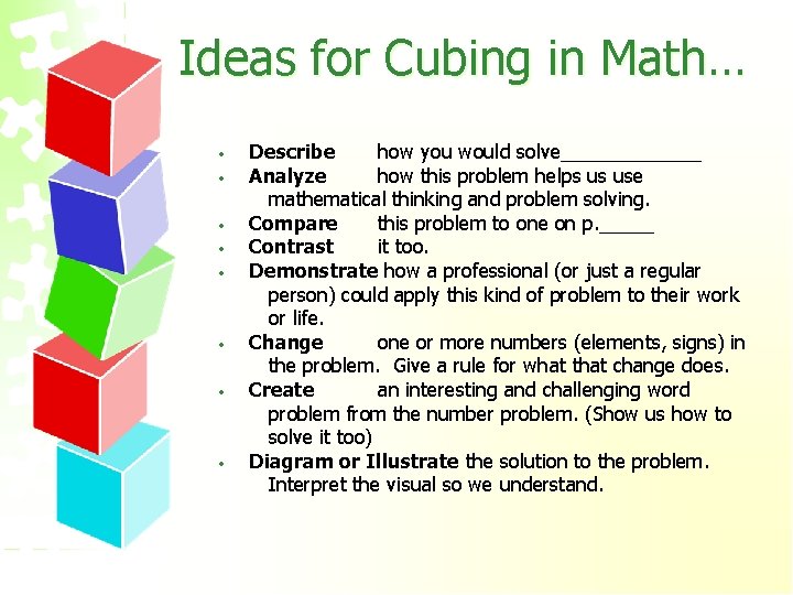 Ideas for Cubing in Math… • • Describe how you would solve_______ Analyze how