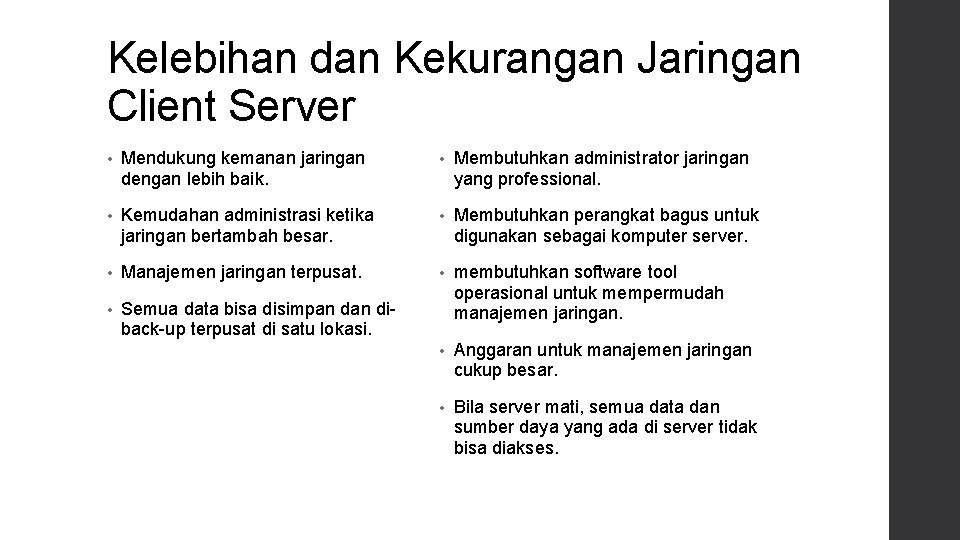 Kelebihan dan Kekurangan Jaringan Client Server • Mendukung kemanan jaringan dengan lebih baik. •