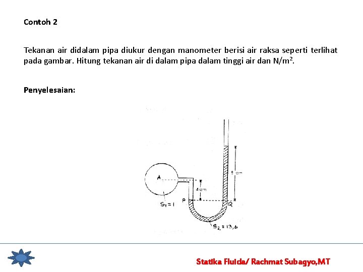 Contoh 2 Tekanan air didalam pipa diukur dengan manometer berisi air raksa seperti terlihat