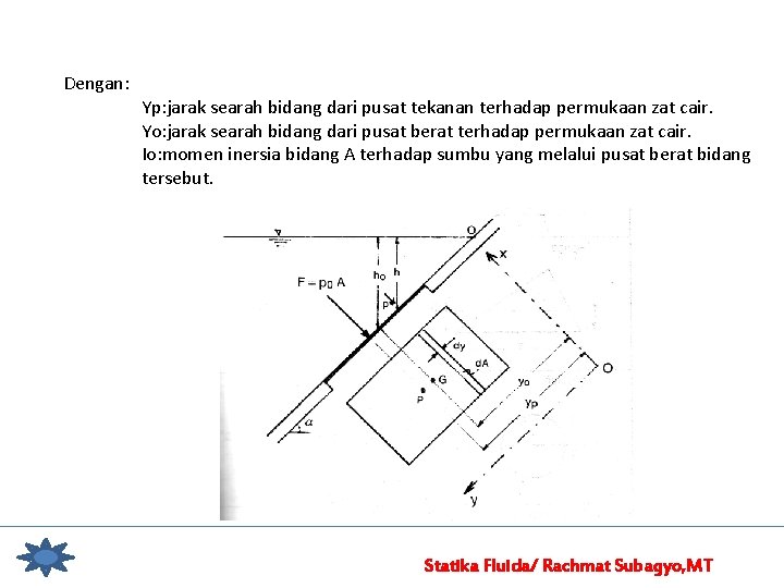 Dengan: Yp: jarak searah bidang dari pusat tekanan terhadap permukaan zat cair. Yo: jarak