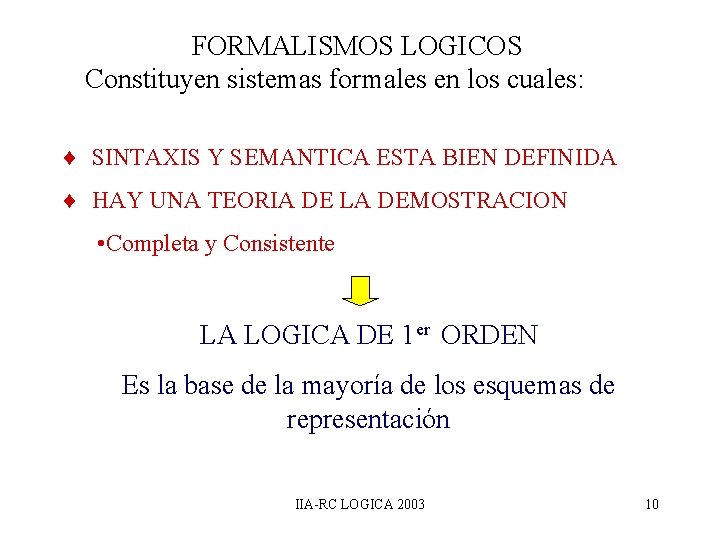 FORMALISMOS LOGICOS Constituyen sistemas formales en los cuales: ¨ SINTAXIS Y SEMANTICA ESTA BIEN