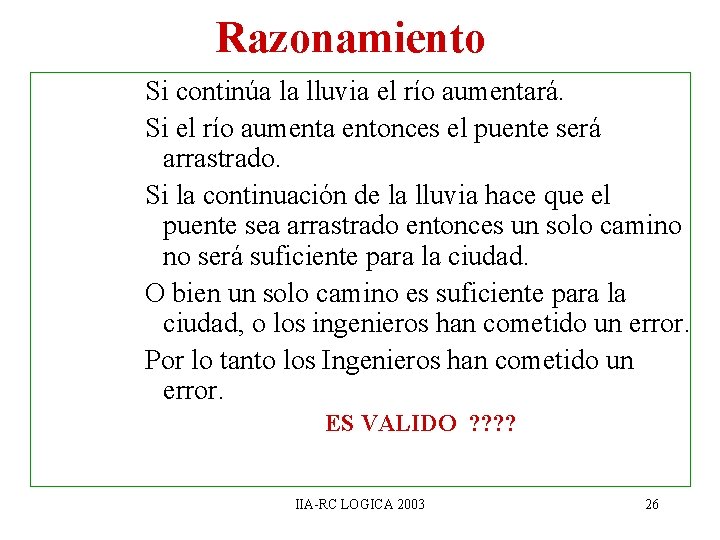 Razonamiento Si continúa la lluvia el río aumentará. Si el río aumenta entonces el