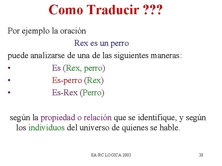 Como Traducir ? ? ? Por ejemplo la oración Rex es un perro puede