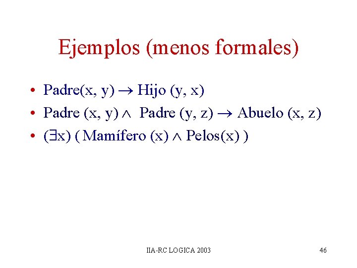 Ejemplos (menos formales) • Padre(x, y) Hijo (y, x) • Padre (x, y) Padre