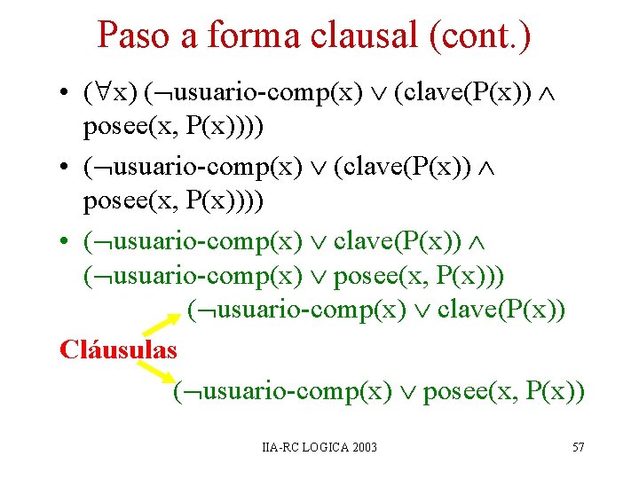 Paso a forma clausal (cont. ) • ( x) ( usuario-comp(x) (clave(P(x)) posee(x, P(x))))