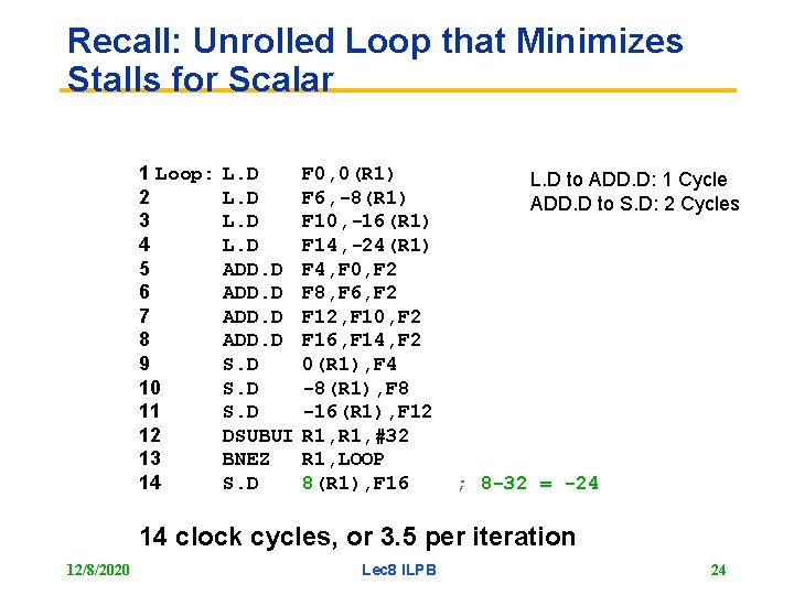 Recall: Unrolled Loop that Minimizes Stalls for Scalar 1 Loop: 2 3 4 5