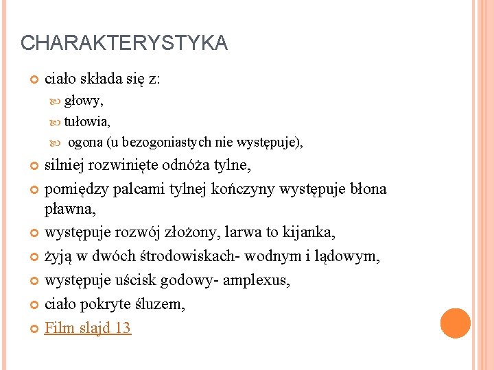 CHARAKTERYSTYKA ciało składa się z: głowy, tułowia, ogona (u bezogoniastych nie występuje), silniej rozwinięte CHARAKTERYSTYKA ciało składa się z: głowy, tułowia, ogona (u bezogoniastych nie występuje), silniej rozwinięte