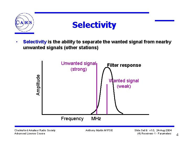Selectivity • Selectivity is the ability to separate the wanted signal from nearby unwanted