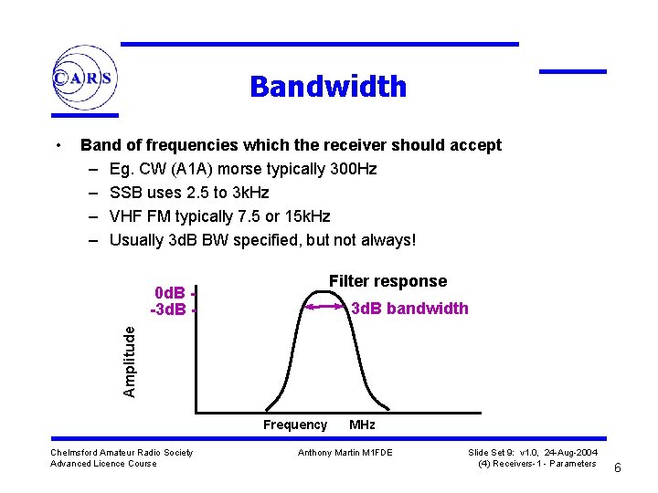 Bandwidth • Band of frequencies which the receiver should accept – Eg. CW (A