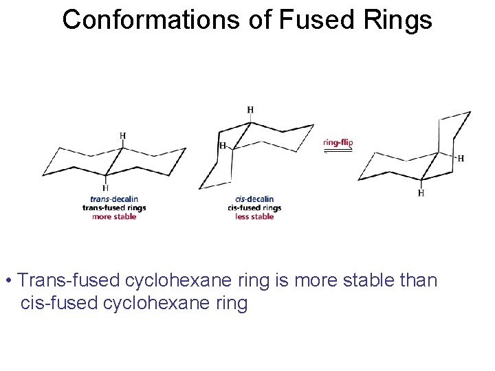Conformations of Fused Rings • Trans-fused cyclohexane ring is more stable than cis-fused cyclohexane Conformations of Fused Rings • Trans-fused cyclohexane ring is more stable than cis-fused cyclohexane