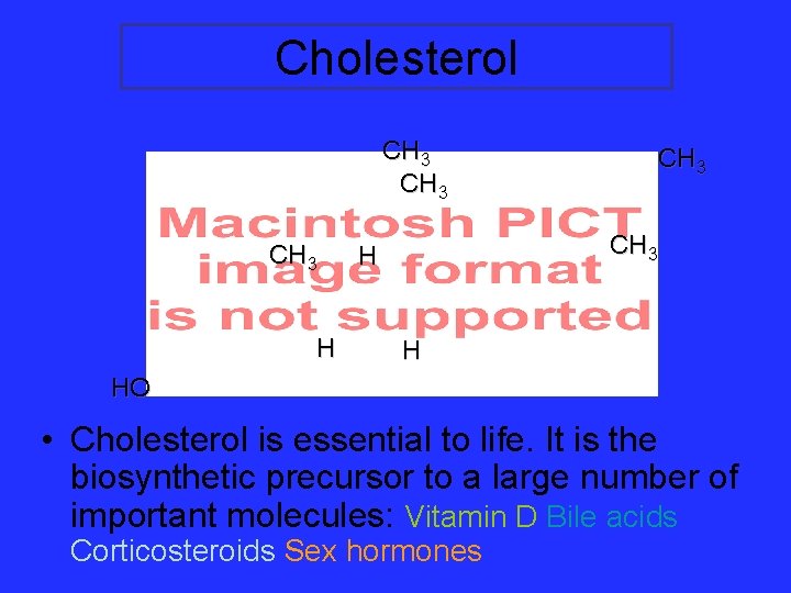 Cholesterol CH 3 H CH 3 H H HO • Cholesterol is essential to Cholesterol CH 3 H CH 3 H H HO • Cholesterol is essential to