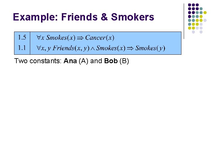 Example: Friends & Smokers Two constants: Ana (A) and Bob (B) 