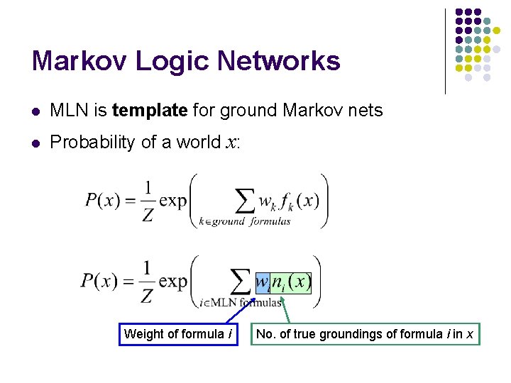 Markov Logic Networks l MLN is template for ground Markov nets l Probability of