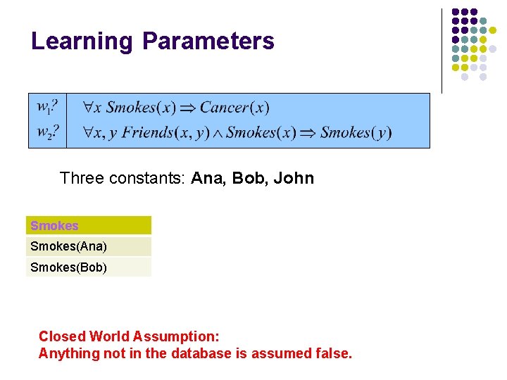 Learning Parameters Three constants: Ana, Bob, John Smokes(Ana) Smokes(Bob) Closed World Assumption: Anything not
