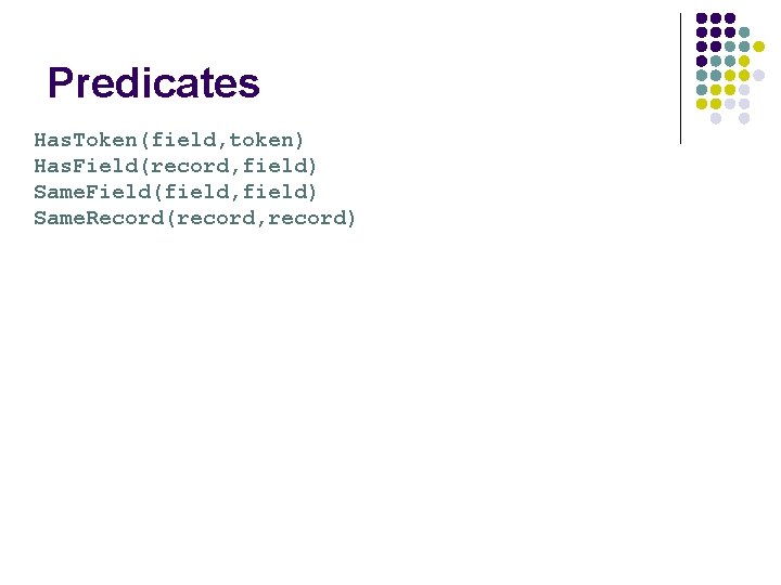 Predicates Has. Token(field, token) Has. Field(record, field) Same. Field(field, field) Same. Record(record, record) 