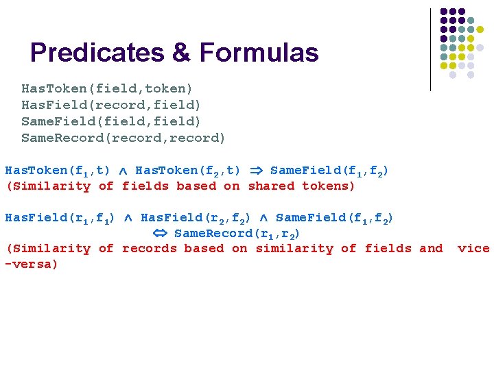 Predicates & Formulas Has. Token(field, token) Has. Field(record, field) Same. Field(field, field) Same. Record(record,