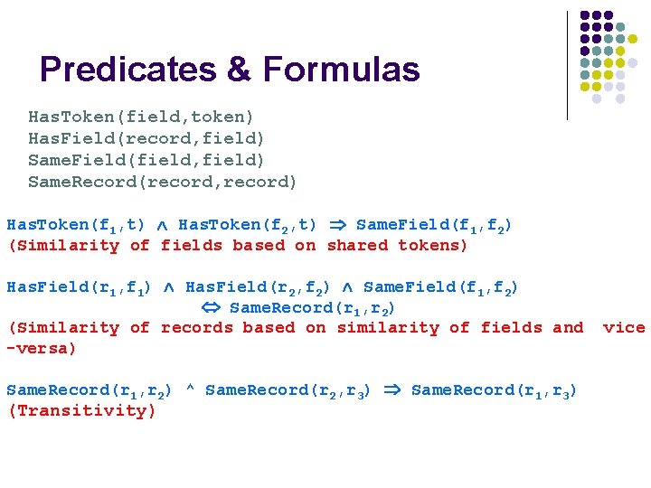 Predicates & Formulas Has. Token(field, token) Has. Field(record, field) Same. Field(field, field) Same. Record(record,