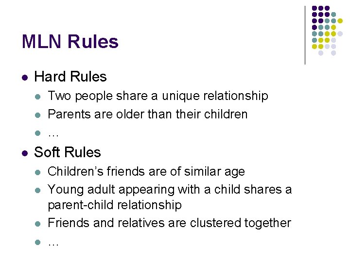 MLN Rules l Hard Rules l l Two people share a unique relationship Parents