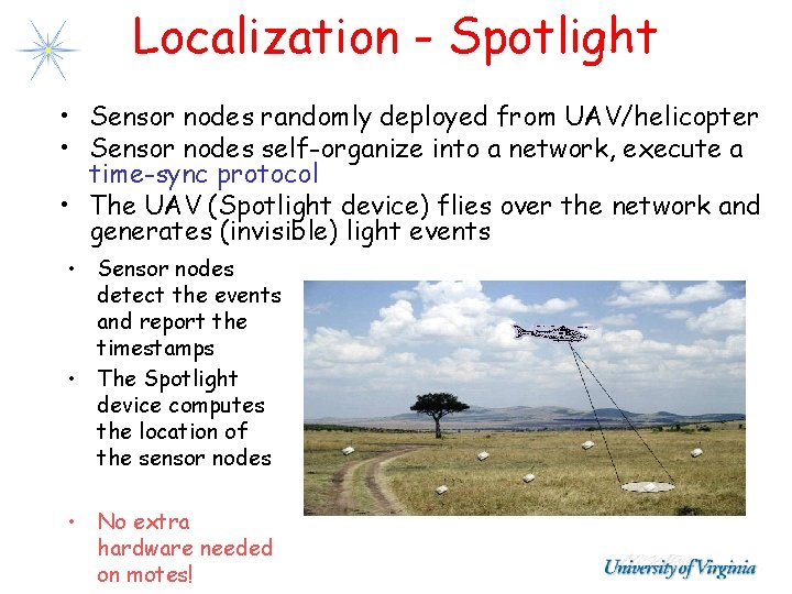 Localization - Spotlight • Sensor nodes randomly deployed from UAV/helicopter • Sensor nodes self-organize Localization - Spotlight • Sensor nodes randomly deployed from UAV/helicopter • Sensor nodes self-organize