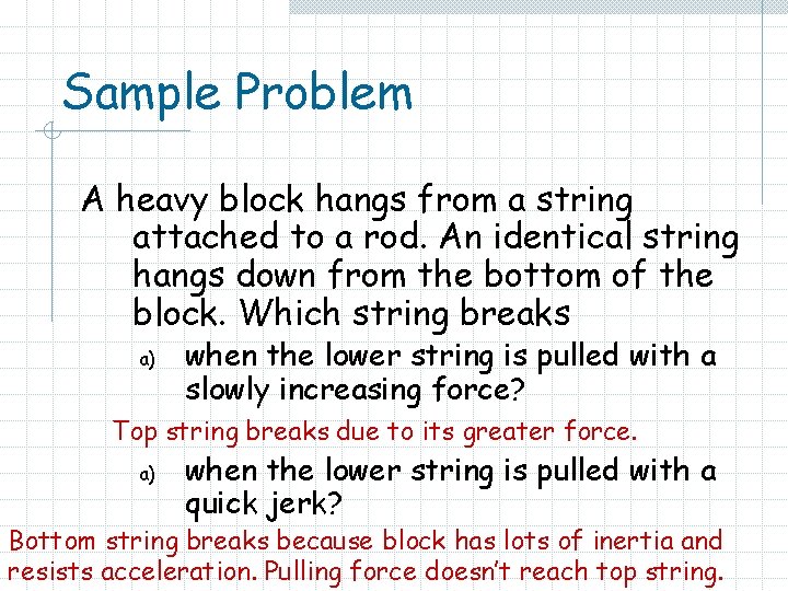 Sample Problem A heavy block hangs from a string attached to a rod. An