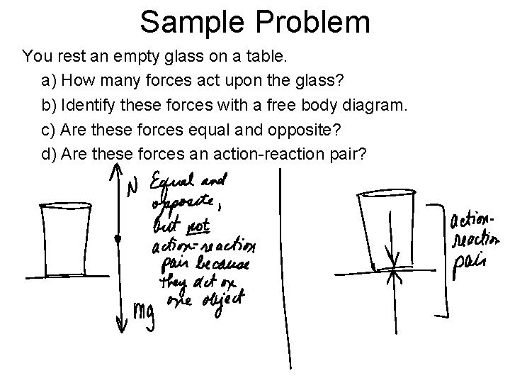 Sample Problem You rest an empty glass on a table. a) How many forces