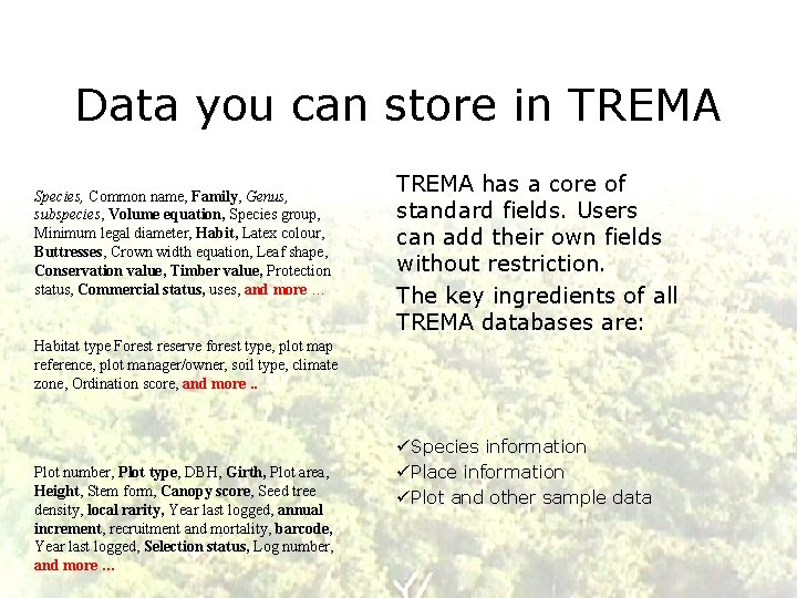 Data you can store in TREMA Species, Common name, Family, Genus, subspecies, Volume equation,