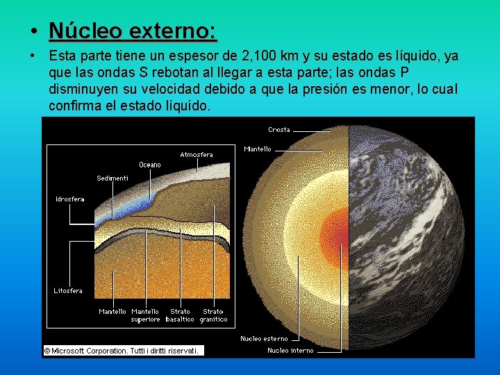 • Núcleo externo: • Esta parte tiene un espesor de 2, 100 km • Núcleo externo: • Esta parte tiene un espesor de 2, 100 km