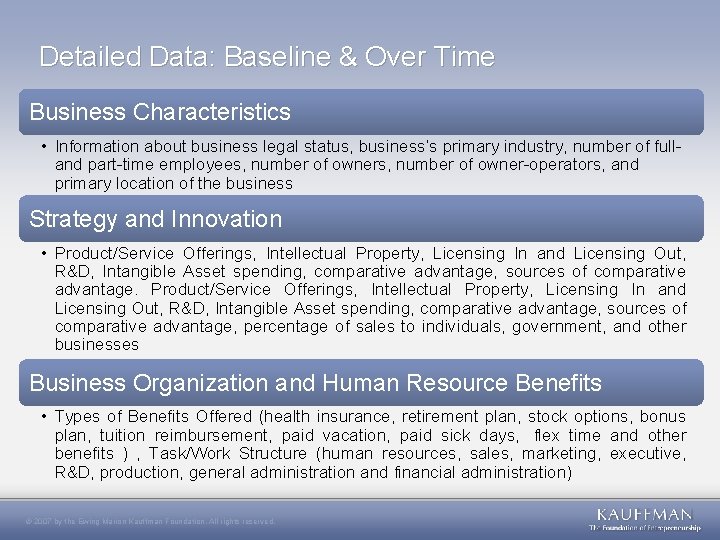 Detailed Data: Baseline & Over Time Business Characteristics • Information about business legal status,