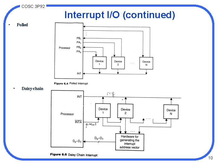 COSC 3 P 92 Interrupt I/O (continued) • Polled • Daisy-chain 10 