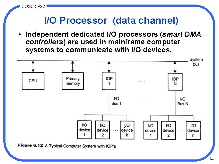 COSC 3 P 92 I/O Processor (data channel) • Independent dedicated I/O processors (smart