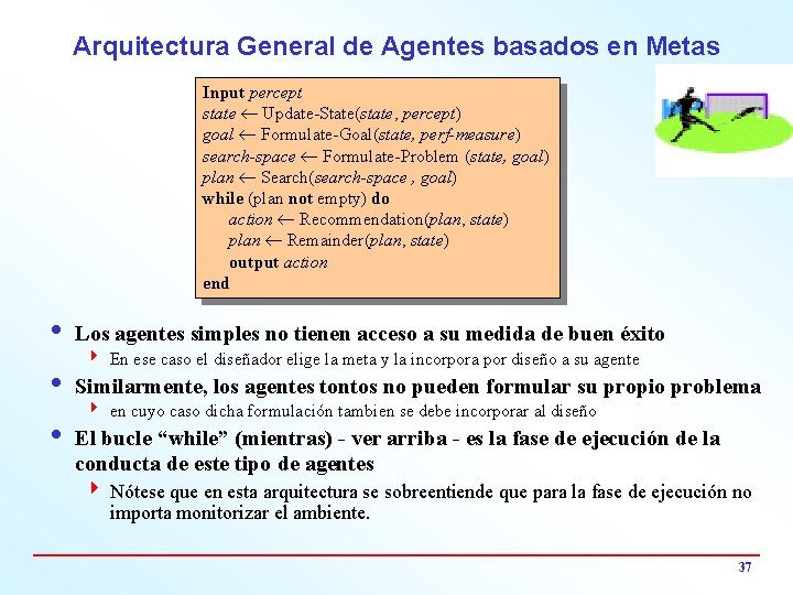 Arquitectura General de Agentes basados en Metas Input percept state ¬ Update-State(state, percept) goal