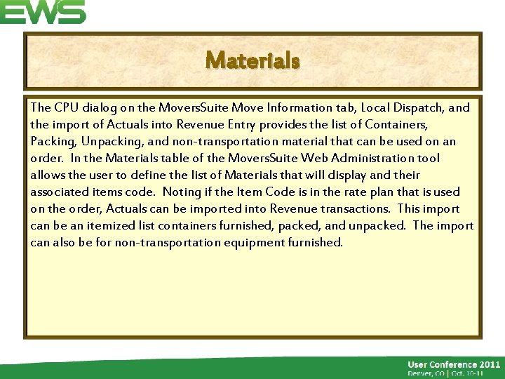 Materials The CPU dialog on the Movers. Suite Move Information tab, Local Dispatch, and