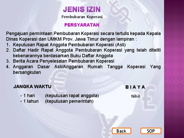 JENIS IZIN Pembubaran Koperasi PERSYARATAN Pengajuan permintaan Pembubaran Koperasi secara tertulis kepada Kepala Dinas