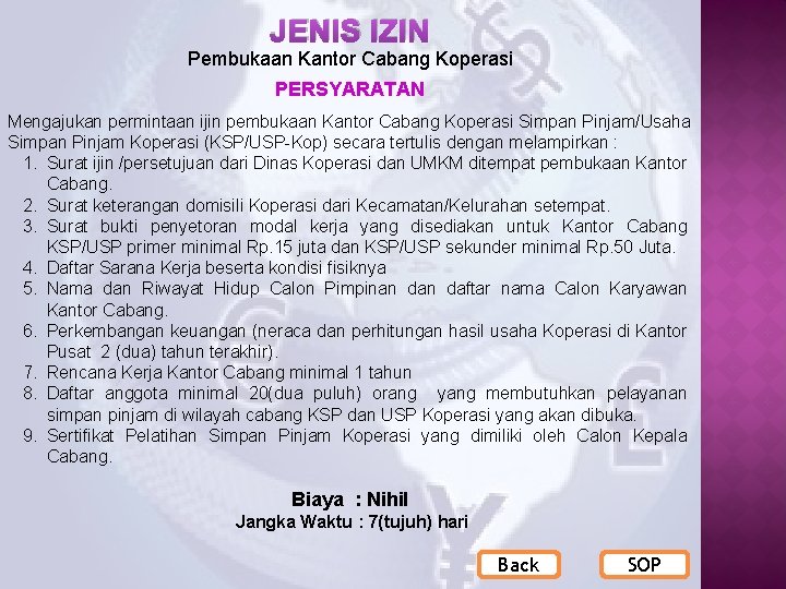 JENIS IZIN Pembukaan Kantor Cabang Koperasi PERSYARATAN Mengajukan permintaan ijin pembukaan Kantor Cabang Koperasi