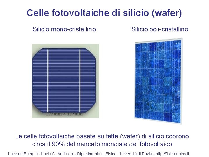 Celle fotovoltaiche di silicio (wafer) Silicio mono-cristallino Silicio poli-cristallino Le celle fotovoltaiche basate su