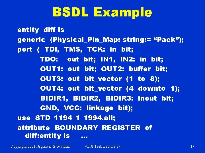 BSDL Example entity diff is generic (Physical_Pin_Map: string: = “Pack”); port ( TDI, TMS,