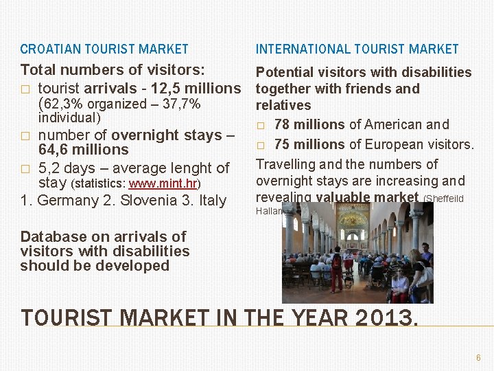 CROATIAN TOURIST MARKET INTERNATIONAL TOURIST MARKET Total numbers of visitors: Potential visitors with disabilities