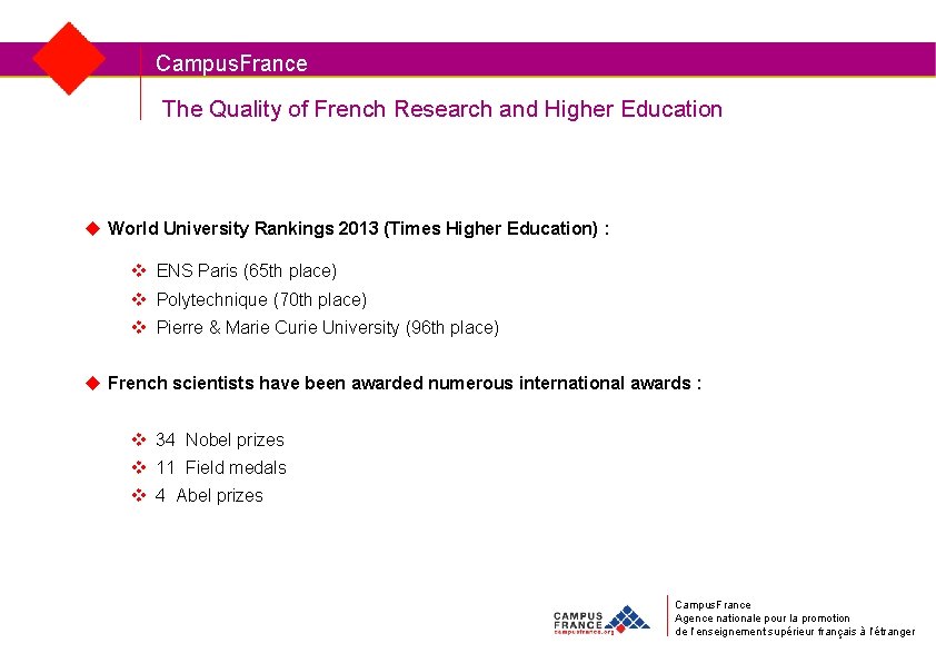 Campus. France The Quality of French Research and Higher Education u World University Rankings