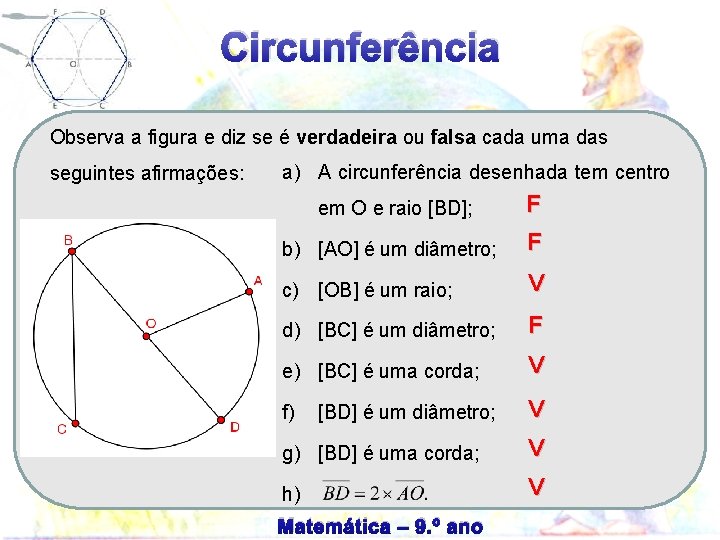 Circunferência Observa a figura e diz se é verdadeira ou falsa cada uma das