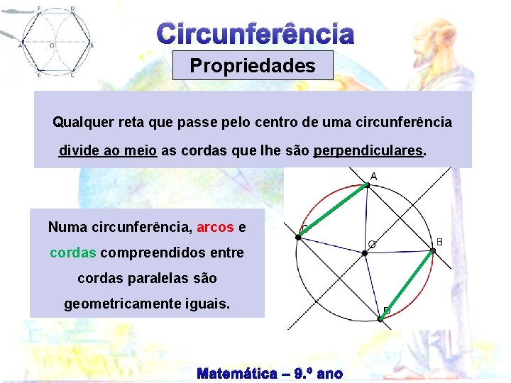 Circunferência Propriedades Qualquer reta que passe pelo centro de uma circunferência divide ao meio