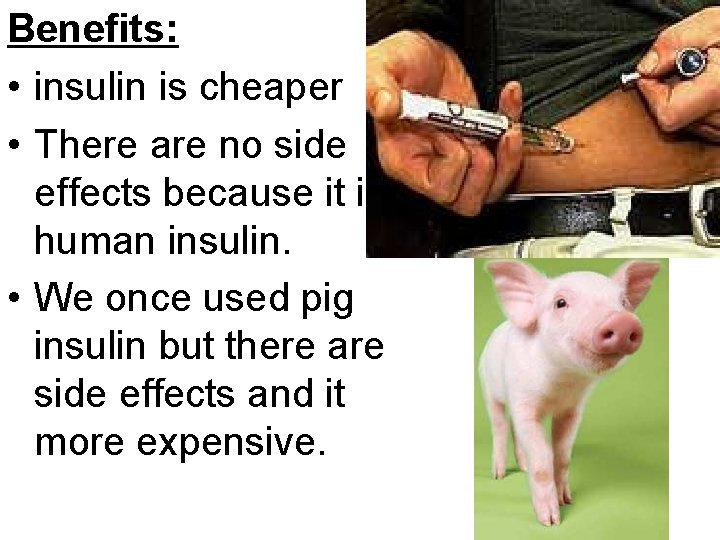 Benefits: • insulin is cheaper • There are no side effects because it is
